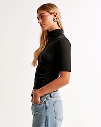Half-Sleeve Sheer Jersey Mockneck Top