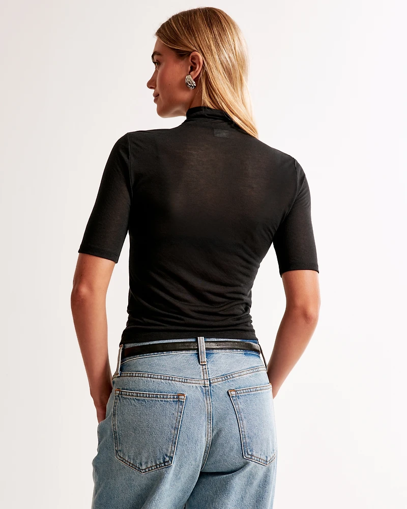 Half-Sleeve Sheer Jersey Mockneck Top