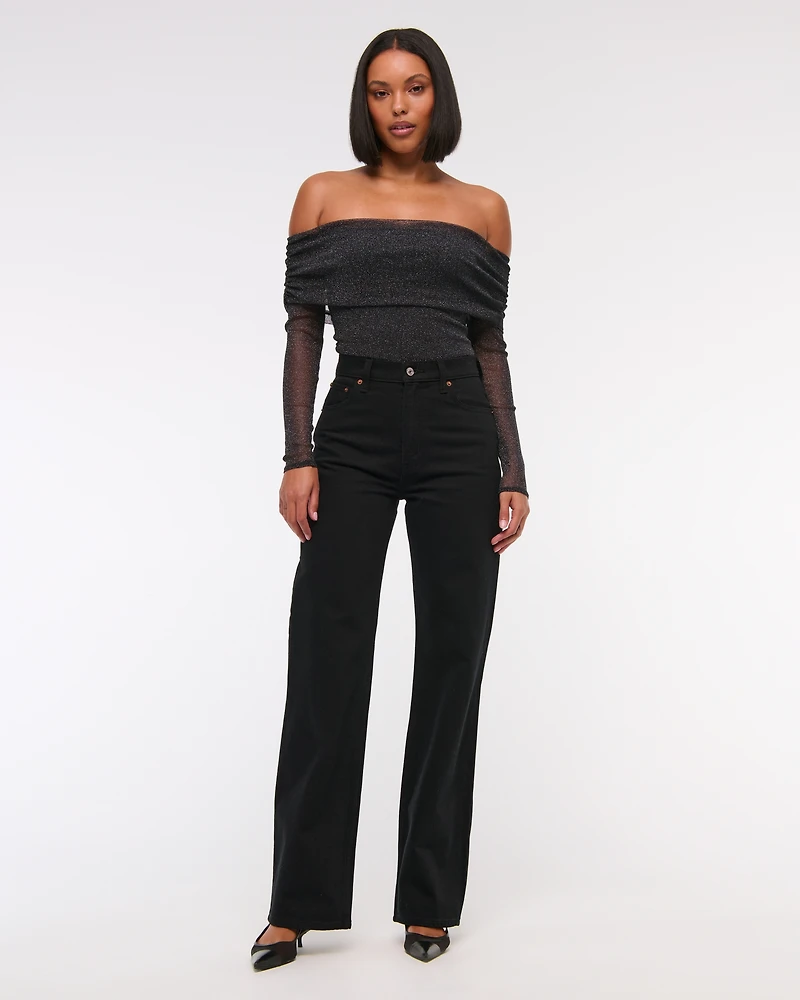 Long-Sleeve Off-The-Shoulder Mesh Bodysuit