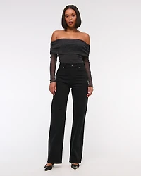Long-Sleeve Off-The-Shoulder Mesh Bodysuit