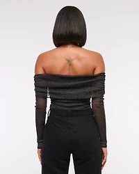 Long-Sleeve Off-The-Shoulder Mesh Bodysuit