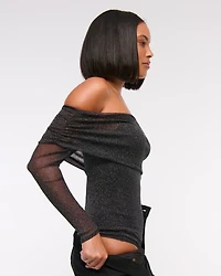 Long-Sleeve Off-The-Shoulder Mesh Bodysuit