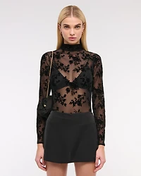 Long-Sleeve Mockneck Mesh Top