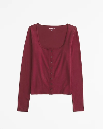 Long-Sleeve Cozy Lounge Knit Button-Through Top