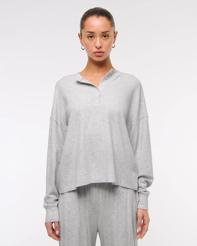 Long-Sleeve Cozy Lounge Knit Oversized Henley Top
