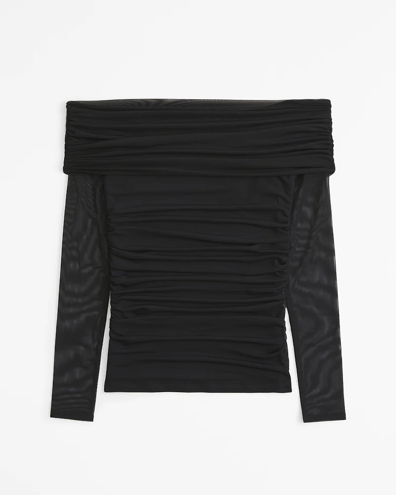 Long-Sleeve Off-The-Shoulder Mesh Top