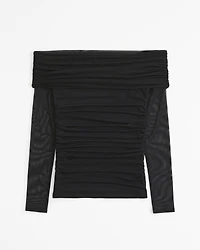Long-Sleeve Off-The-Shoulder Mesh Top