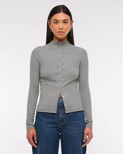 Long-Sleeve Mockneck Button-Through Top