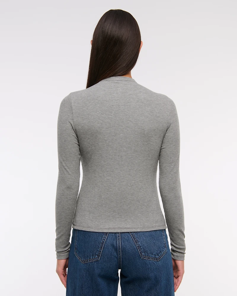 Long-Sleeve Mockneck Button-Through Top