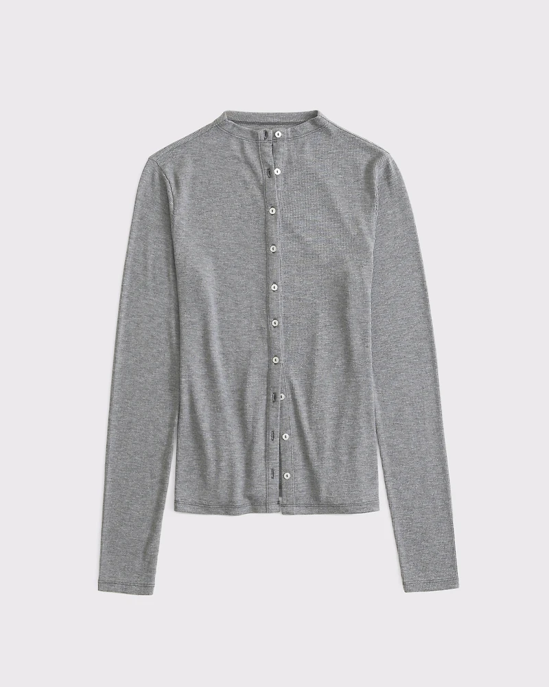 Long-Sleeve Mockneck Button-Through Top