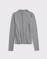Long-Sleeve Mockneck Button-Through Top