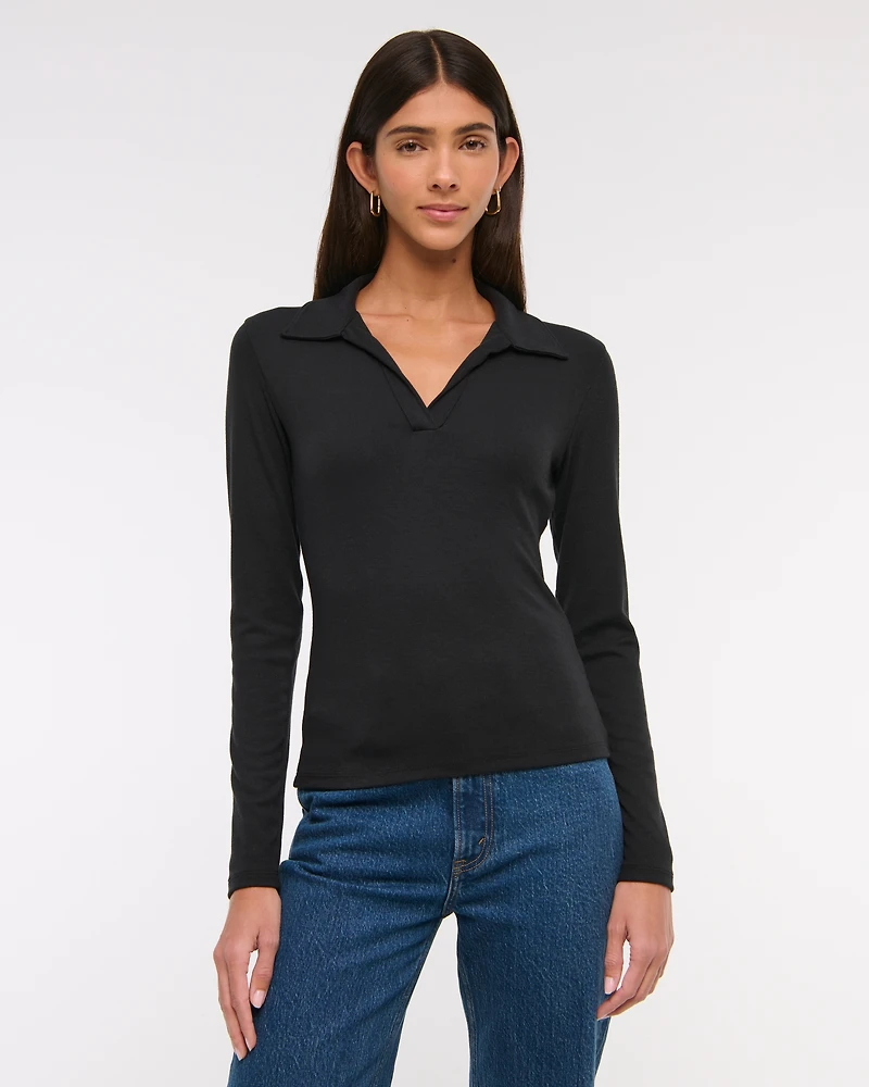 Long-Sleeve V-Neck Collared Top