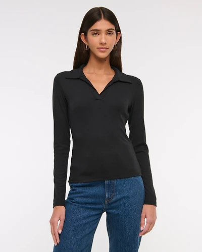 Long-Sleeve V-Neck Collared Top