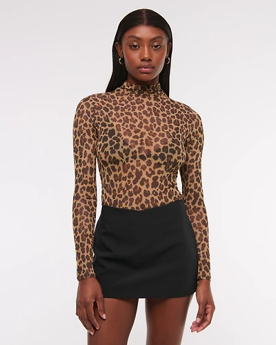 Long-Sleeve Mesh Mockneck Top