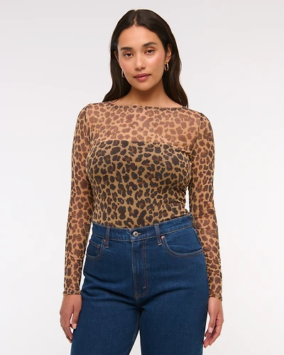 Long-Sleeve Mesh Slash Bodysuit