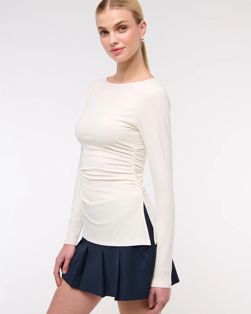 Long-Sleeve Stretch Crepe Slash Top