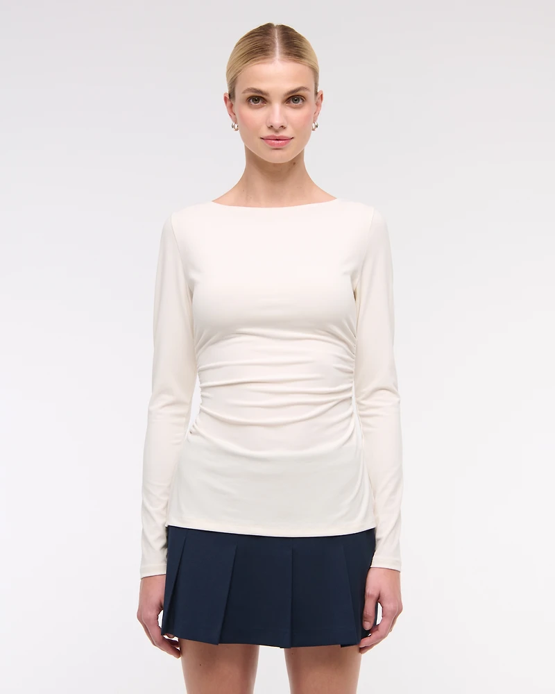 Long-Sleeve Stretch Crepe Slash Top