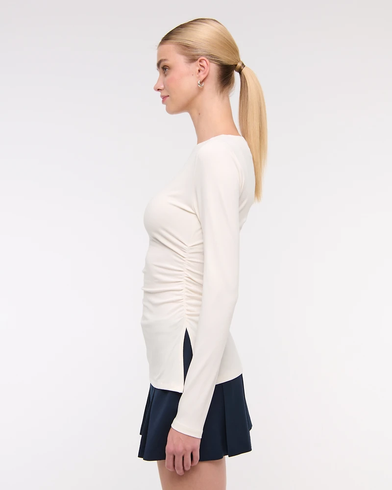 Long-Sleeve Stretch Crepe Slash Top