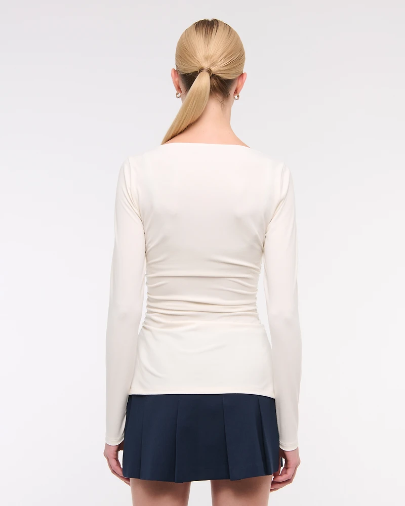 Long-Sleeve Stretch Crepe Slash Top