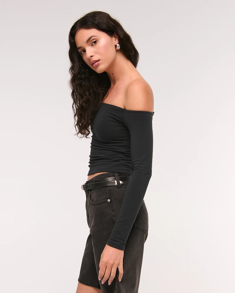 Long-Sleeve Cotton-Blend Seamless Fabric Off-The-Shoulder Top