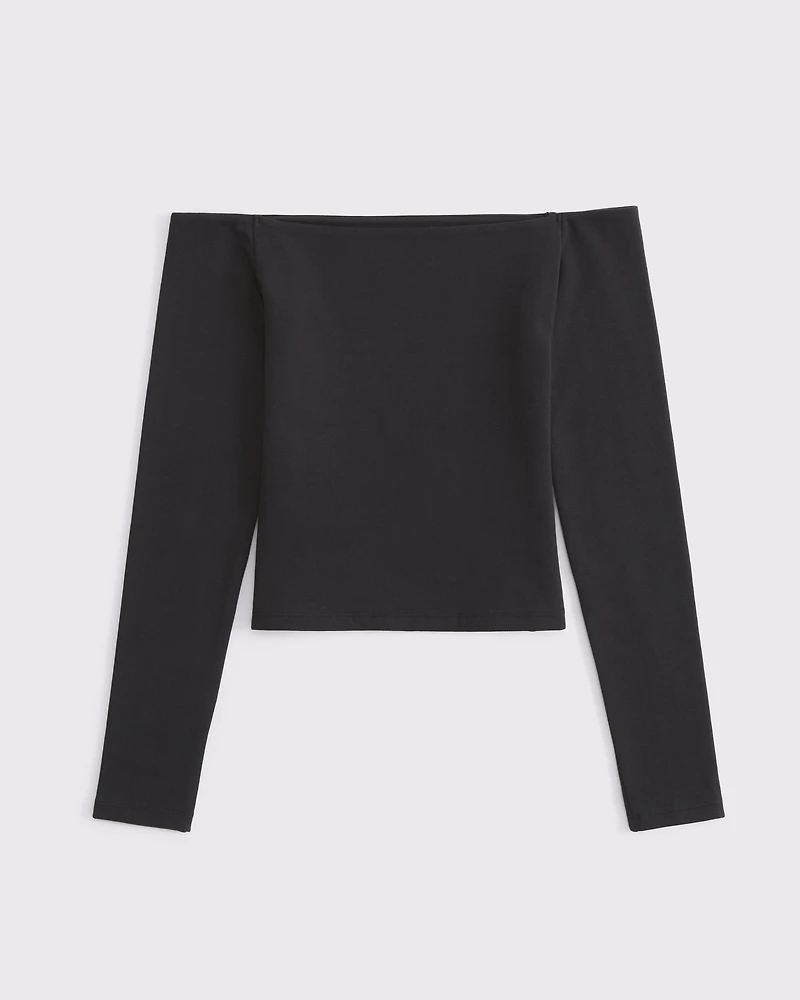 Long-Sleeve Cotton-Blend Seamless Fabric Off-The-Shoulder Top