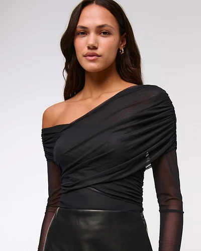 Long-Sleeve Wrap Mesh Bodysuit