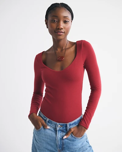 Bra-Free Cotton-Blend Seamless Fabric Deep-V Bodysuit