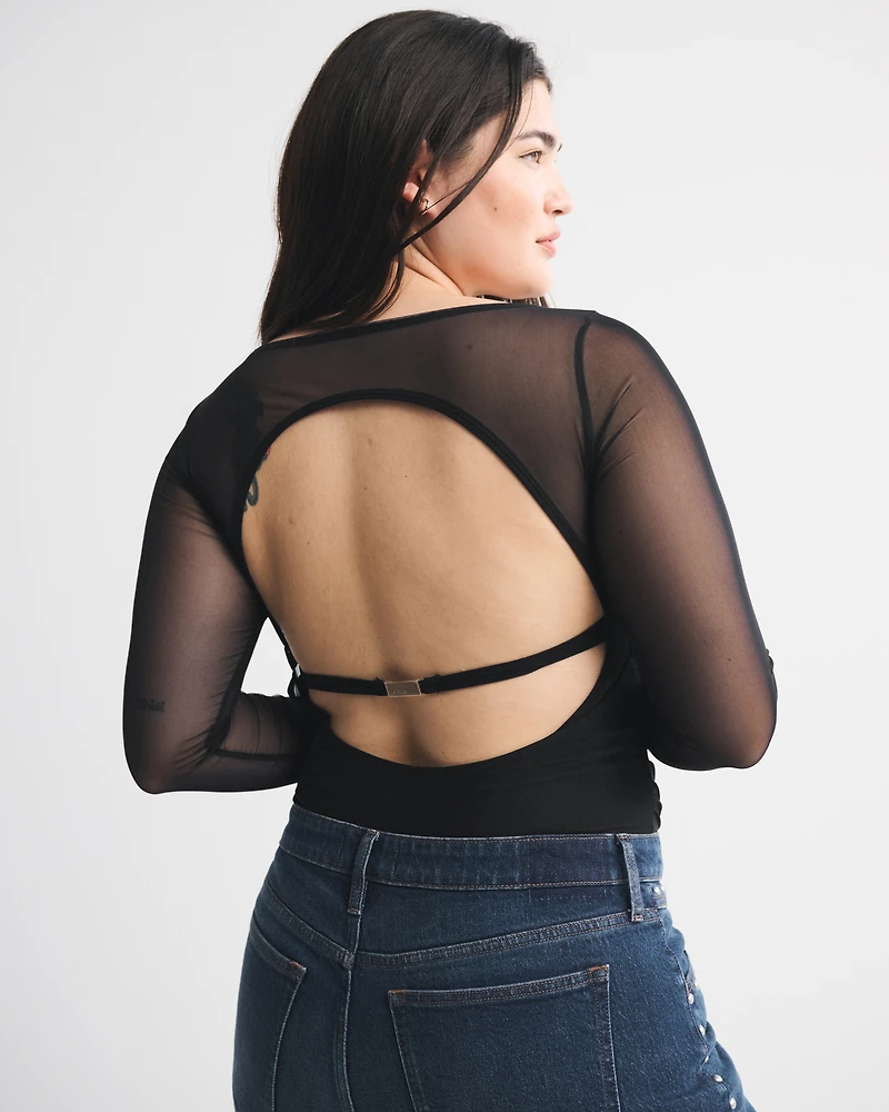 Bra-Free Long-Sleeve Open-Back Hardware Bodysuit