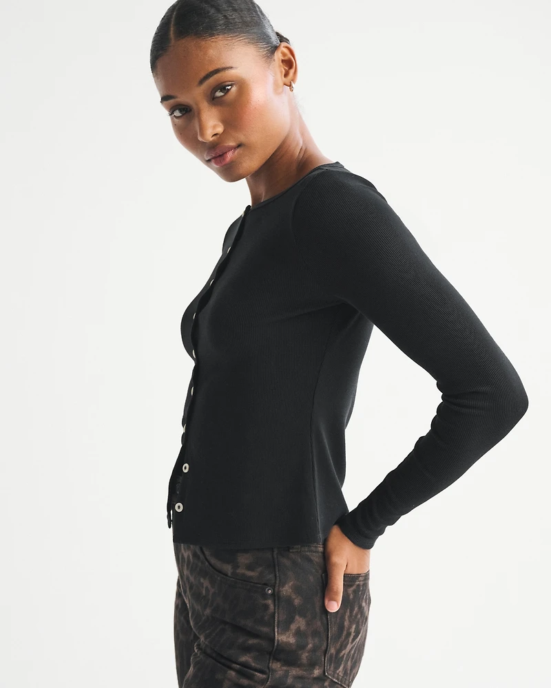 Long-Sleeve Slash Button-Through Top
