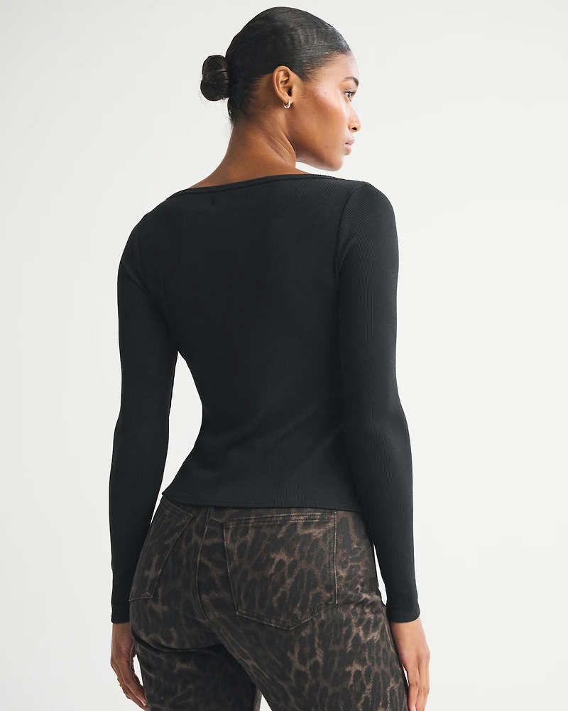 Long-Sleeve Slash Button-Through Top