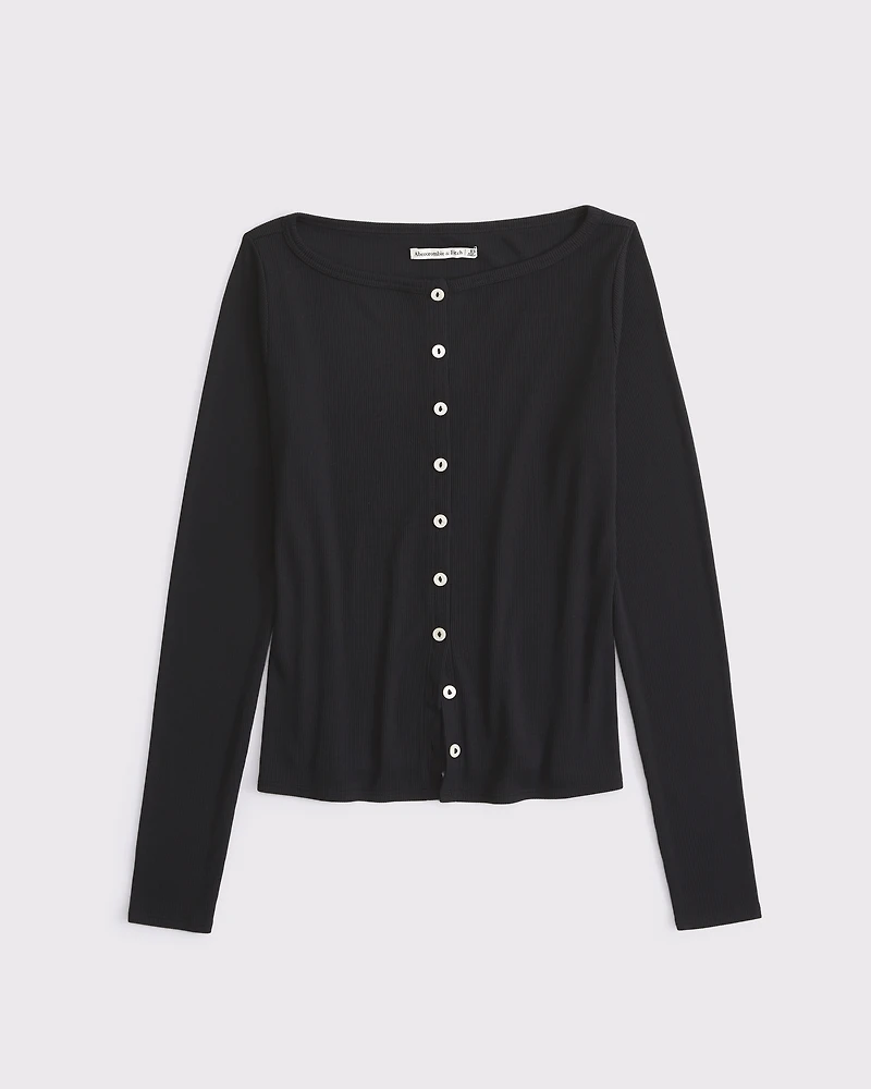 Long-Sleeve Slash Button-Through Top