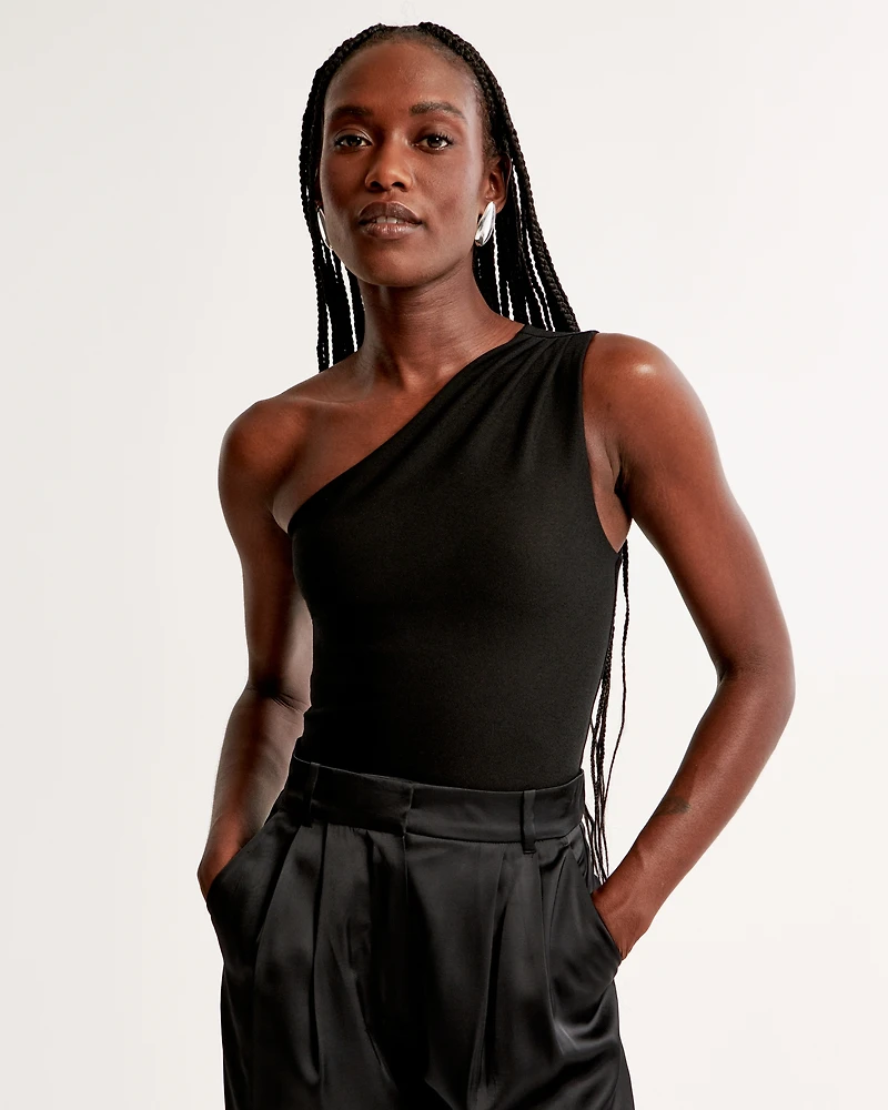 Crepe Asymmetrical One-Shoulder Bodysuit