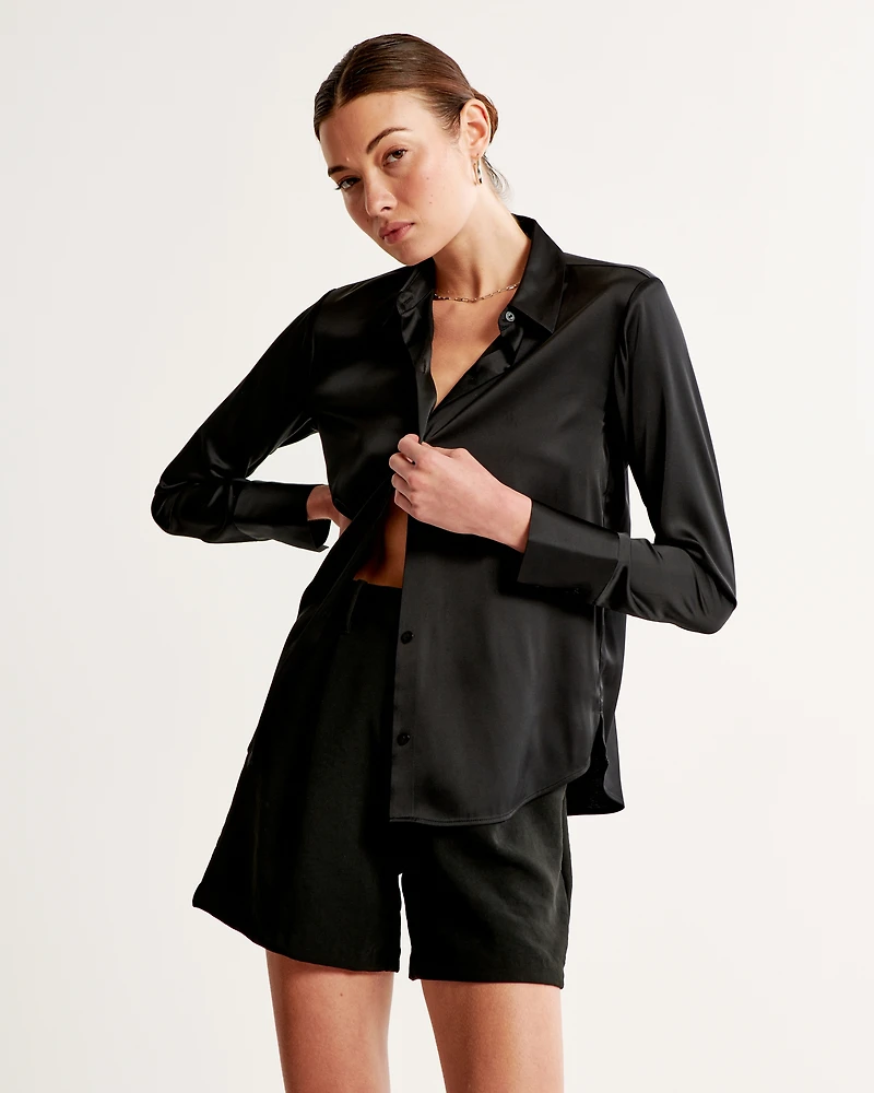 Long-Sleeve Satin Button-Up Shirt