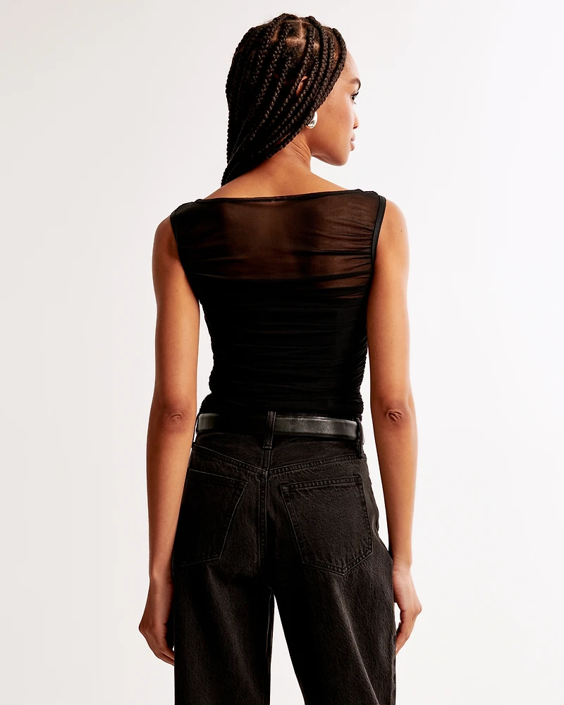 Ruched Mesh Boatneck Bodysuit