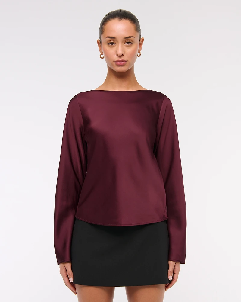 Long-Sleeve Satin Cowl-Back Top