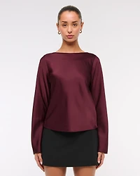 Long-Sleeve Satin Cowl-Back Top