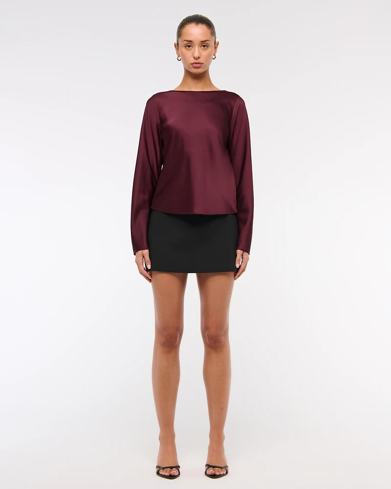 Long-Sleeve Satin Cowl-Back Top