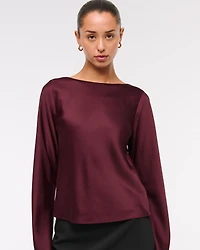 Long-Sleeve Satin Cowl-Back Top