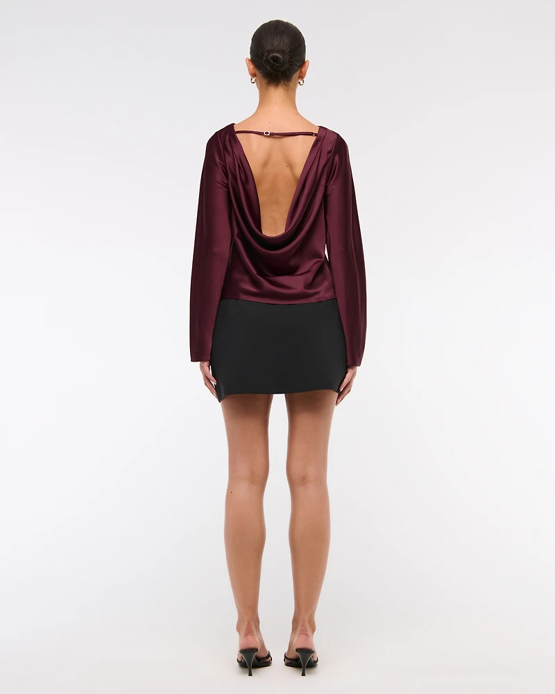 Long-Sleeve Satin Cowl-Back Top