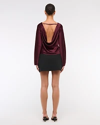 Long-Sleeve Satin Cowl-Back Top