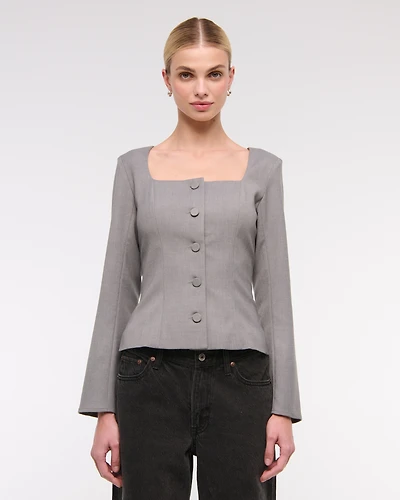 Long-Sleeve Squareneck Tailored Vest