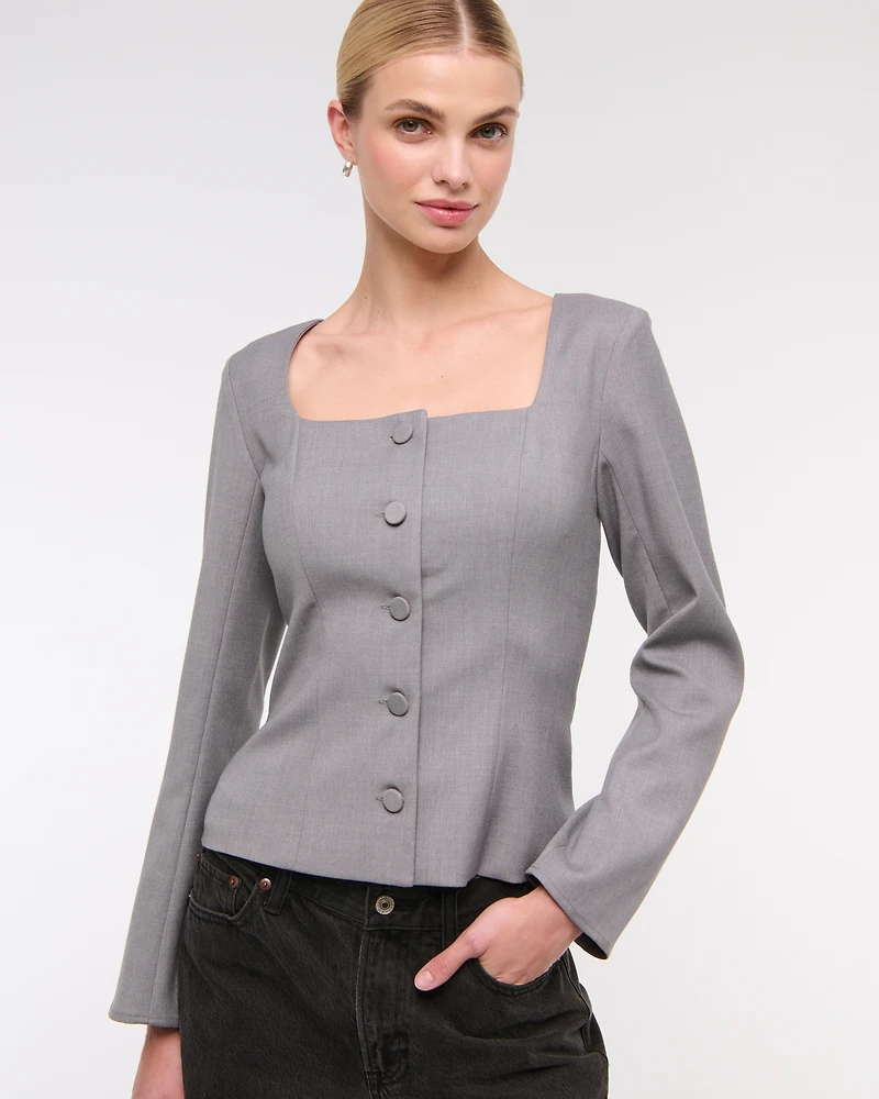 Long-Sleeve Squareneck Tailored Vest