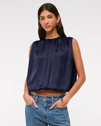 Bubble Hem Ruched Satin Top