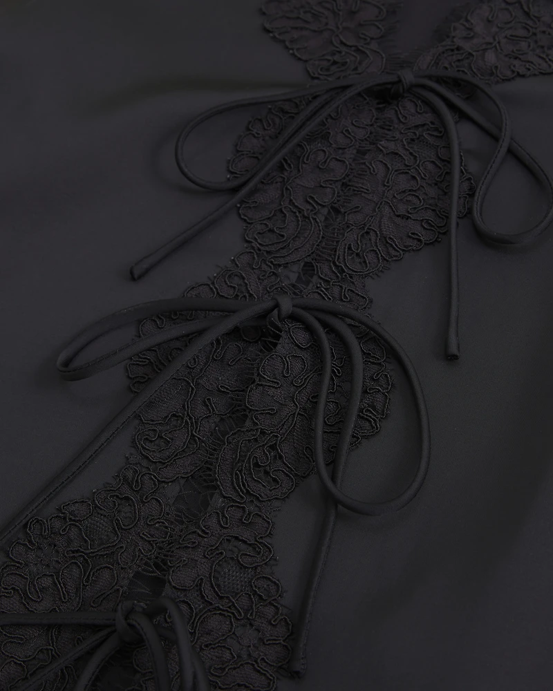 Long-Sleeve Lace-Trim Tie-Front Top