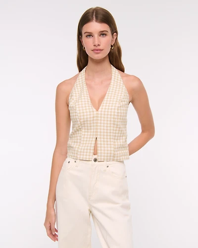 Linen-Blend Tailored Halter Vest