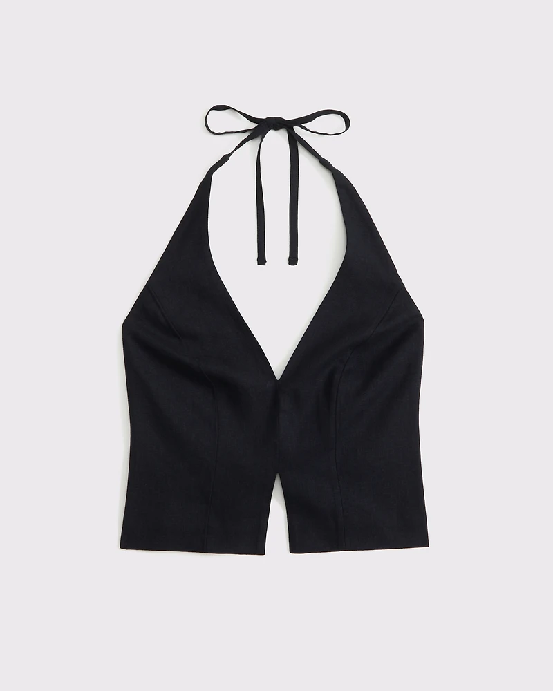 Linen-Blend Tailored Halter Vest