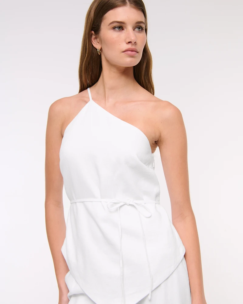One-Shoulder Asymmetrical Linen-Blend Top