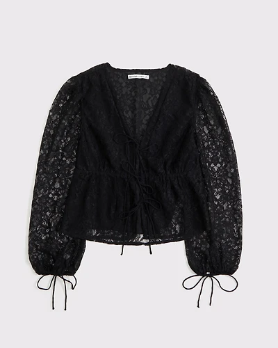 Long-Sleeve Tie-Front Sheer Top