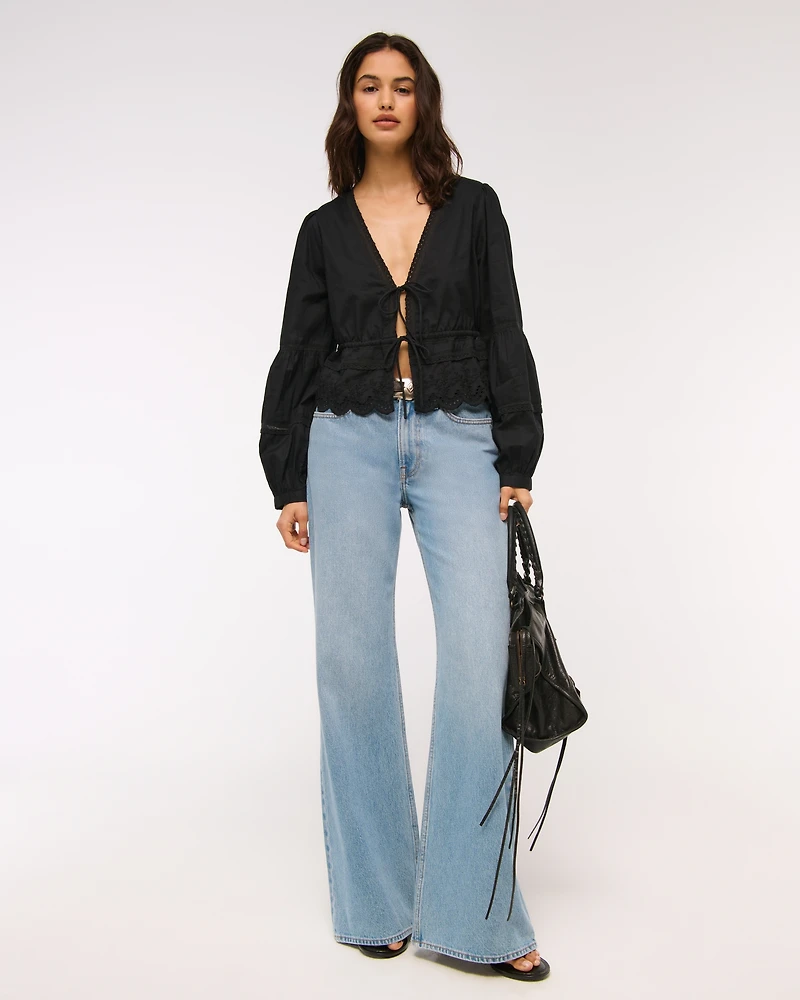 Long-Sleeve Lace Tie-Front Top