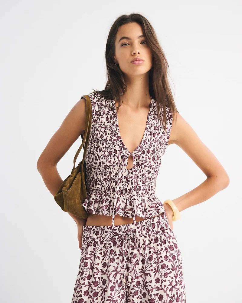 Smocked Tie-Front Set Top